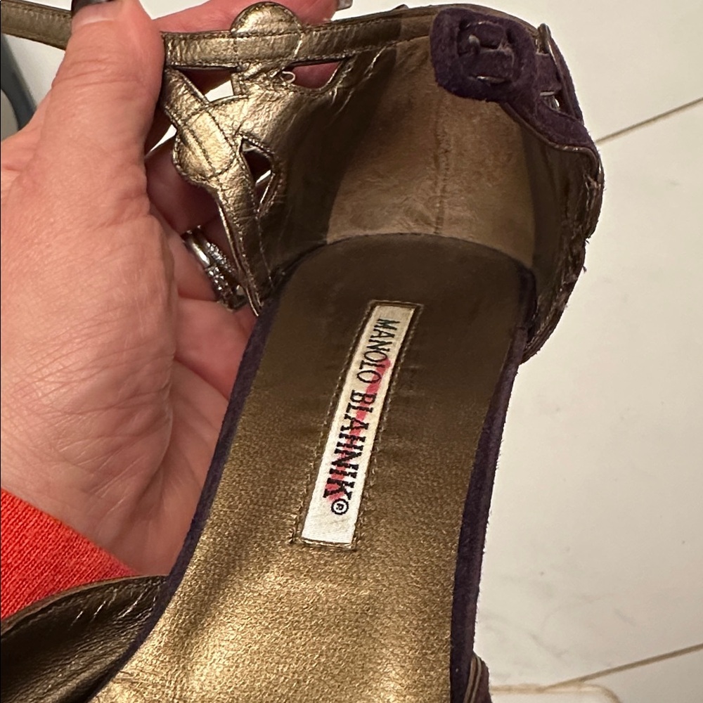 Manolo Blahnik Dark Purple suede gold edges strap detail Euc Heels $585 39 9 - Picture 6 of 16